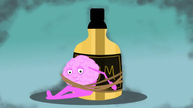 Brain tied to a bottle of rum. Looking sad and lonely with darkness above.