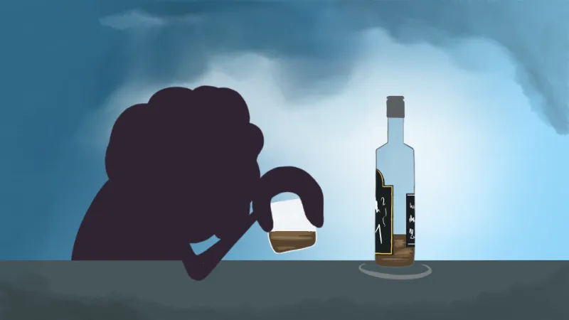 Animated Character of the brain sat with a alcoholic drink.